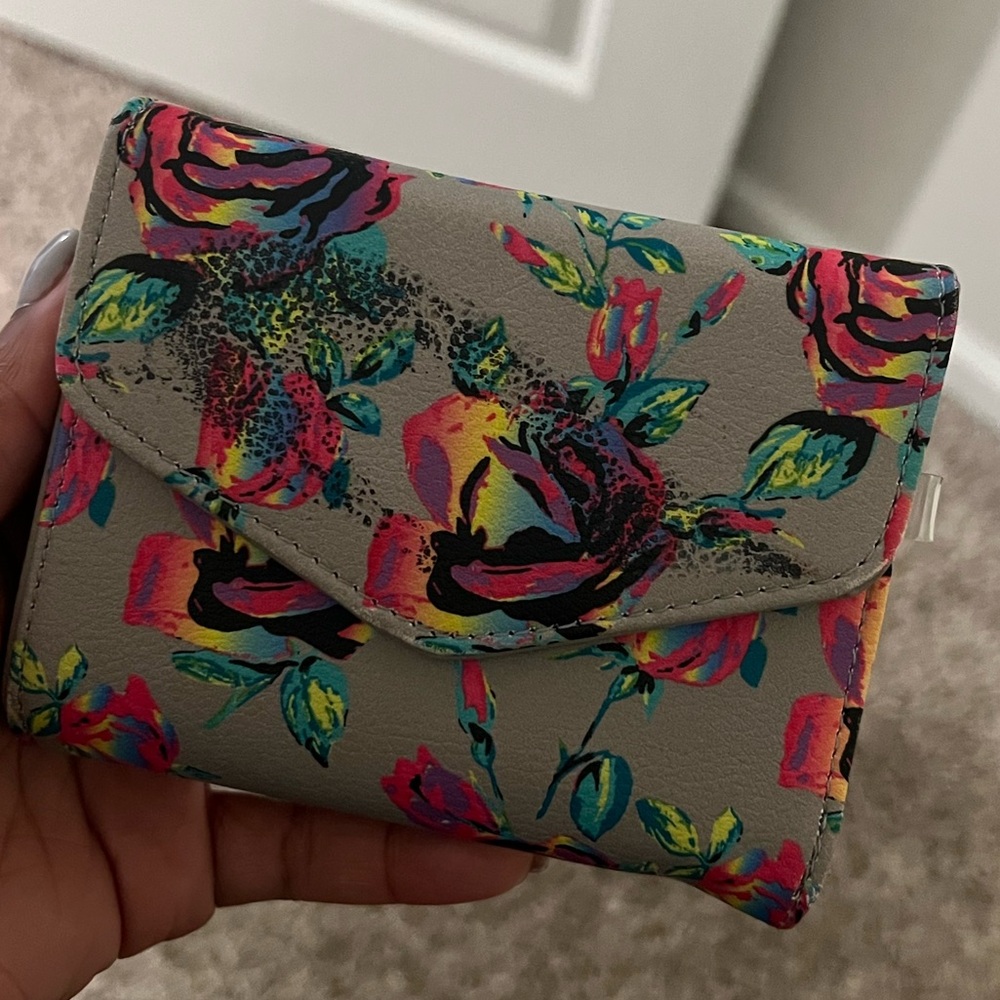 Betsey Johnson Gray Floral Trifold Wallet with Neon Multicolor Roses